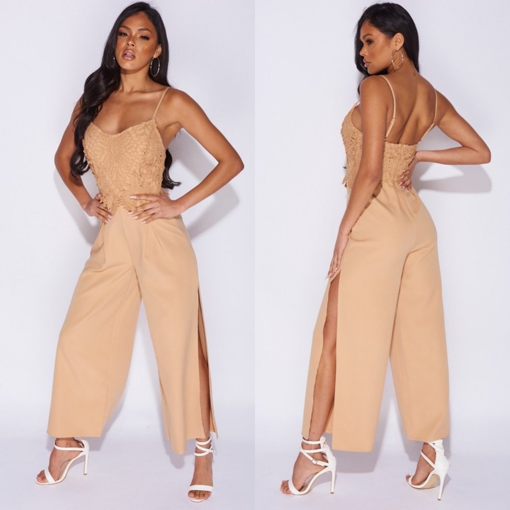 Brown Lace Sleeveless V-Neck Side Slit Wide Leg Jumpsuit Playsuit
